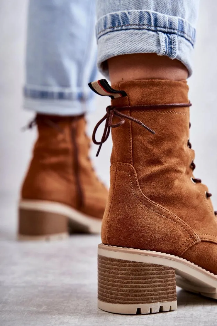 Discount Boto Damskie Ocieplane Botki Trapery Na Obcasie Camel Julieta Brązowy