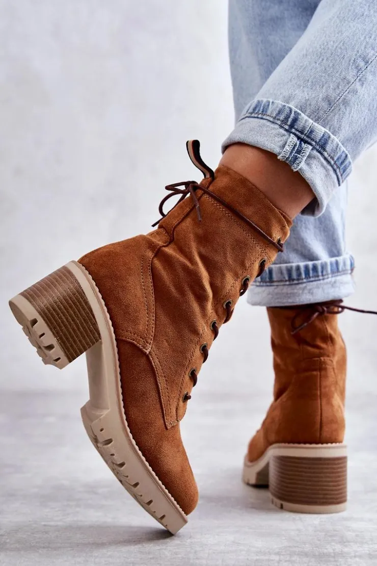 Discount Boto Damskie Ocieplane Botki Trapery Na Obcasie Camel Julieta Brązowy