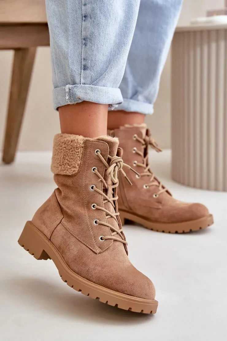 Boto Botki Ocieplane|Botki Sznurowane*Damskie Ocieplane Botki Workery Na Zamek Brązowe Mivael Brązowy