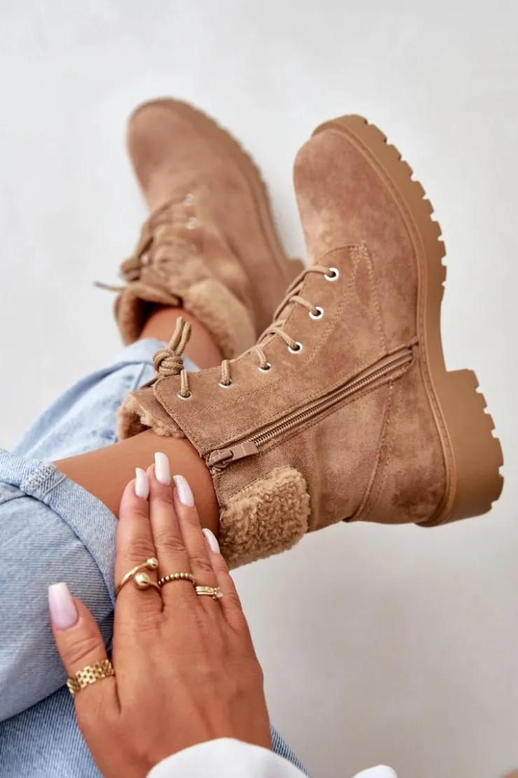 Boto Botki Ocieplane|Botki Sznurowane*Damskie Ocieplane Botki Workery Na Zamek Brązowe Mivael Brązowy