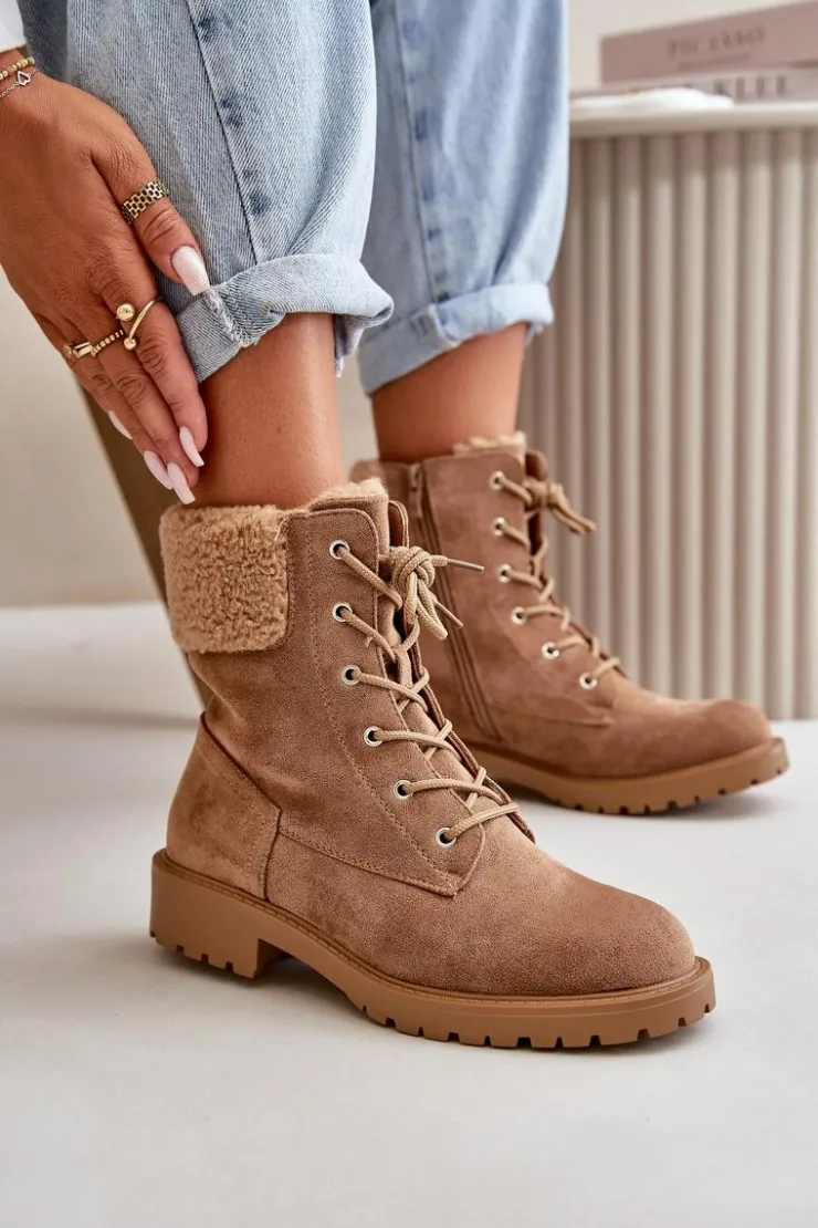 Boto Botki Ocieplane|Botki Sznurowane*Damskie Ocieplane Botki Workery Na Zamek Brązowe Mivael Brązowy