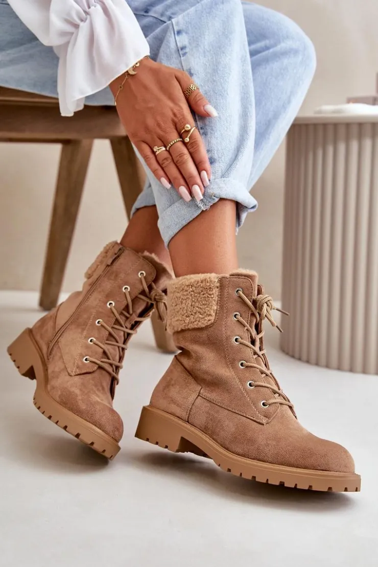Boto Botki Ocieplane|Botki Sznurowane*Damskie Ocieplane Botki Workery Na Zamek Brązowe Mivael Brązowy