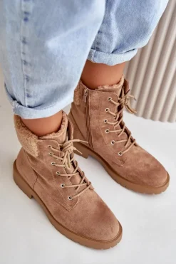 Boto Botki Ocieplane|Botki Sznurowane*Damskie Ocieplane Botki Workery Na Zamek Brązowe Mivael Brązowy