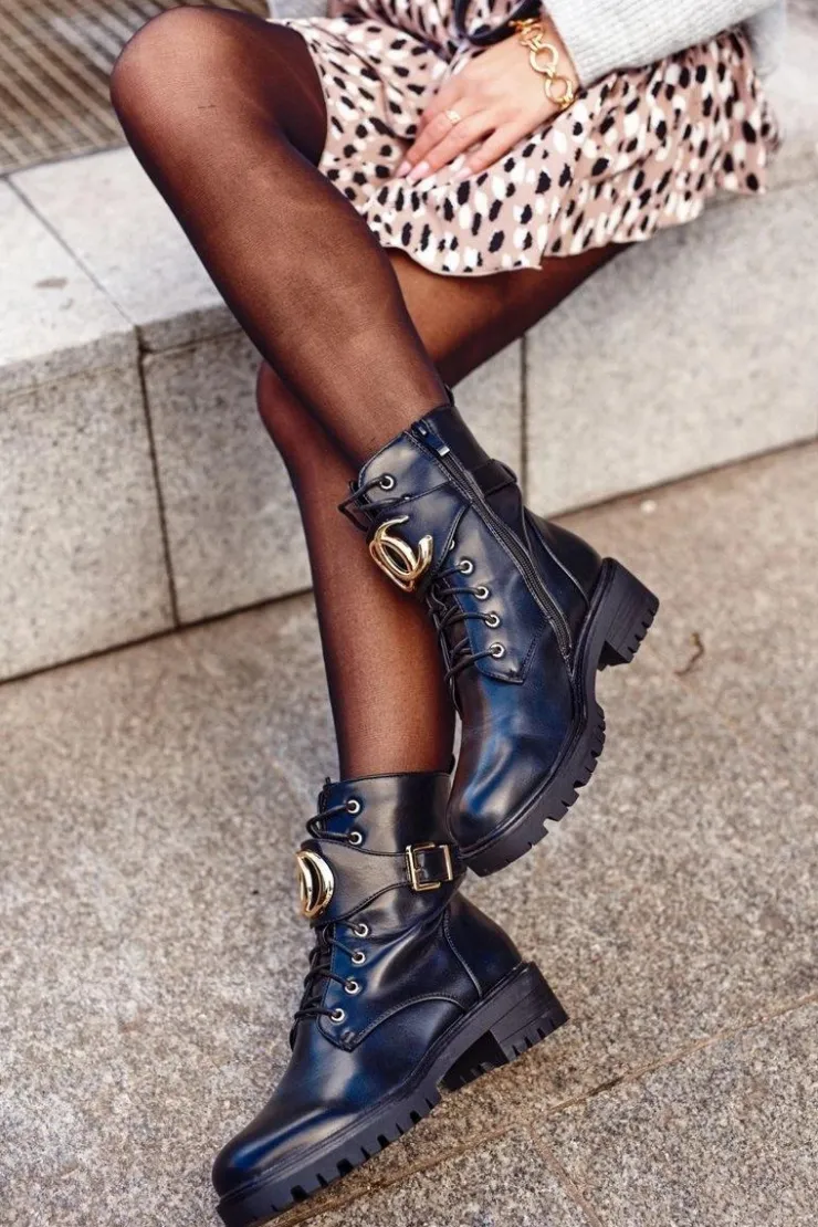 Boto Botki Sznurowane|Czarne Botki*Damskie Ocieplane Botki Workery Złota Klamra Czarne Gold