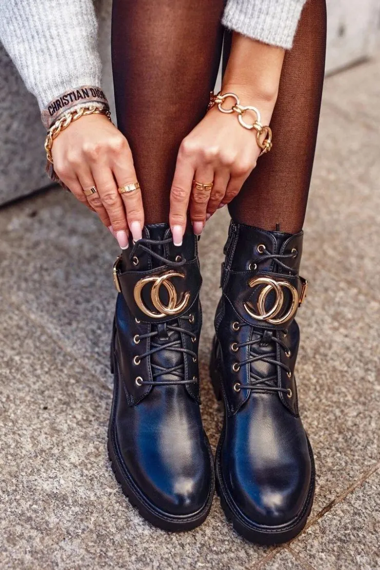 Boto Botki Sznurowane|Czarne Botki*Damskie Ocieplane Botki Workery Złota Klamra Czarne Gold