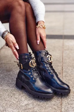 Boto Botki Sznurowane|Czarne Botki*Damskie Ocieplane Botki Workery Złota Klamra Czarne Gold