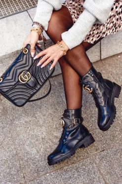 Boto Botki Sznurowane|Czarne Botki*Damskie Ocieplane Botki Workery Złota Klamra Czarne Gold