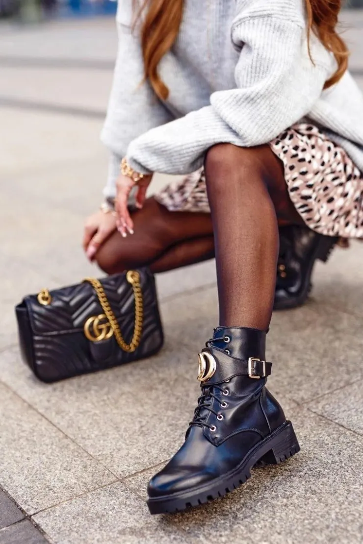 Boto Botki Sznurowane|Czarne Botki*Damskie Ocieplane Botki Workery Złota Klamra Czarne Gold