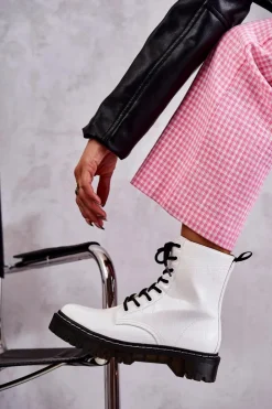 Boto Botki Sznurowane|Botki Zimowe Damskie*Damskie Ocieplane Botki Wężowe Białe Salma