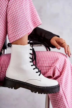 Boto Botki Sznurowane|Botki Zimowe Damskie*Damskie Ocieplane Botki Wężowe Białe Salma