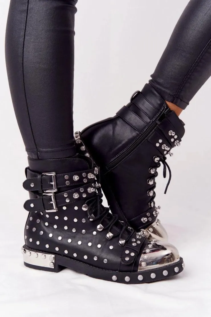 Boto Botki Sznurowane|Czarne Botki*Damskie Ocieplane Botki Workery Z Dżetami Czarne Lu Boo