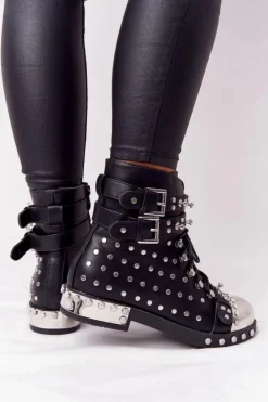 Boto Botki Sznurowane|Czarne Botki*Damskie Ocieplane Botki Workery Z Dżetami Czarne Lu Boo