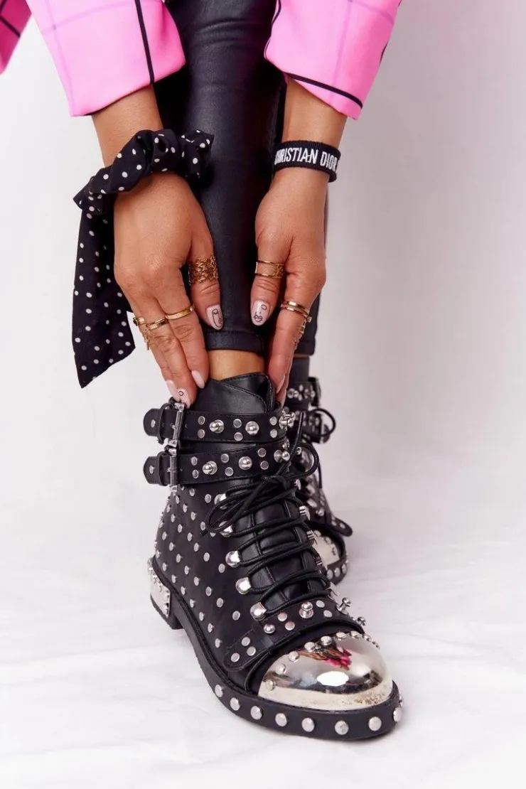 Boto Botki Sznurowane|Czarne Botki*Damskie Ocieplane Botki Workery Z Dżetami Czarne Lu Boo