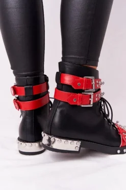 Damskie Boto Damskie Ocieplane Botki Workery Z Dżetami Czarno-Czerwone Lu Boo