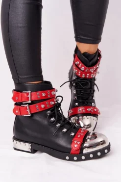 Damskie Boto Damskie Ocieplane Botki Workery Z Dżetami Czarno-Czerwone Lu Boo