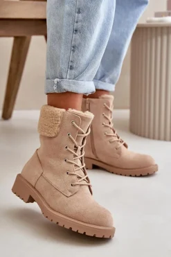 Outlet Boto Damskie Ocieplane Botki Workery Na Zamek Beżowe Mivael Beżowy