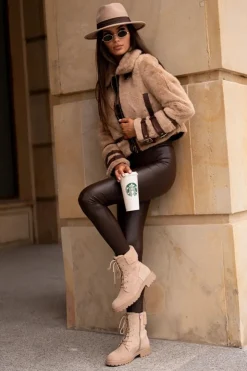 Outlet Boto Damskie Ocieplane Botki Workery Na Zamek Beżowe Mivael Beżowy