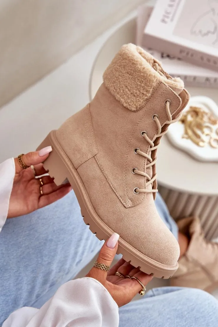 Outlet Boto Damskie Ocieplane Botki Workery Na Zamek Beżowe Mivael Beżowy