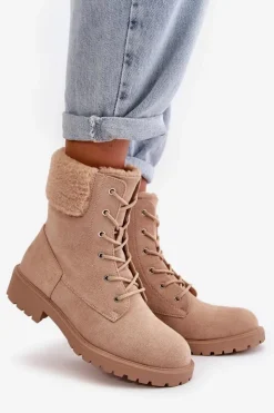 Outlet Boto Damskie Ocieplane Botki Workery Na Zamek Beżowe Mivael Beżowy