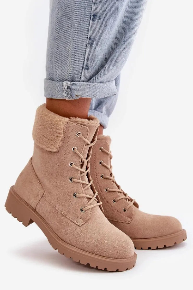 Outlet Boto Damskie Ocieplane Botki Workery Na Zamek Beżowe Mivael Beżowy