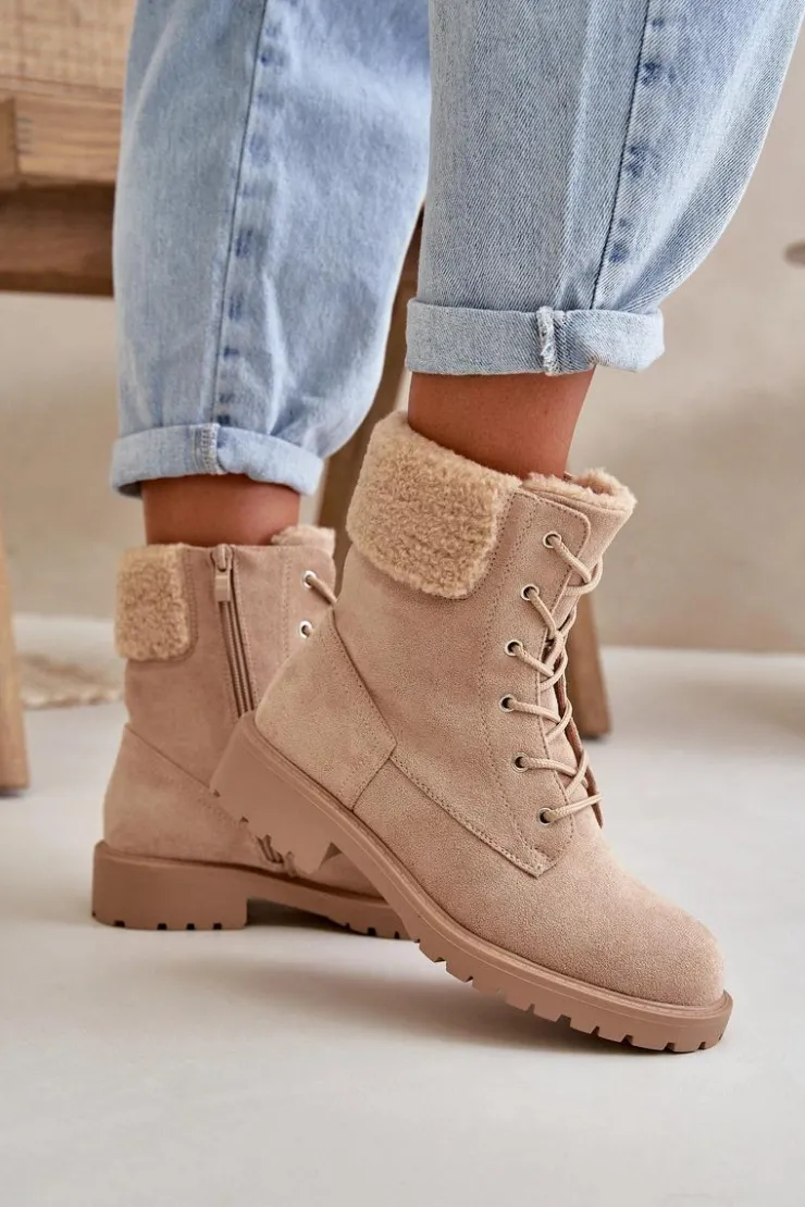 Outlet Boto Damskie Ocieplane Botki Workery Na Zamek Beżowe Mivael Beżowy