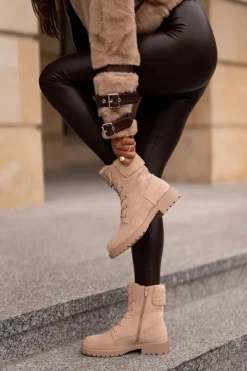 Outlet Boto Damskie Ocieplane Botki Workery Na Zamek Beżowe Mivael Beżowy