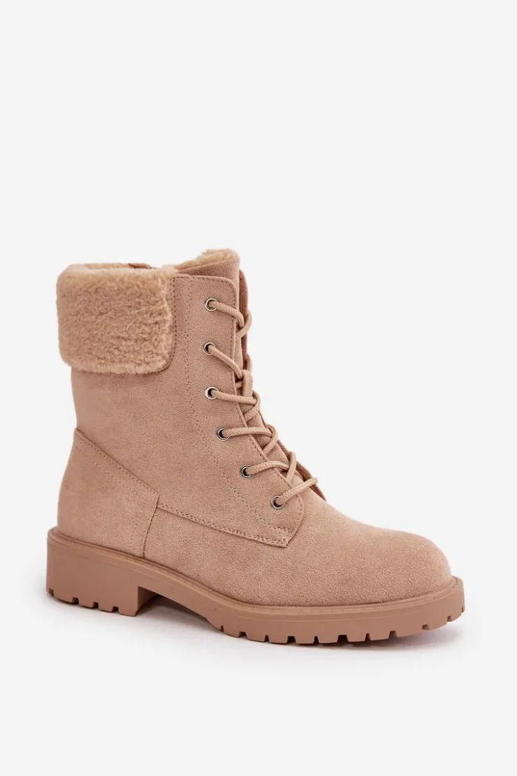 Outlet Boto Damskie Ocieplane Botki Workery Na Zamek Beżowe Mivael Beżowy