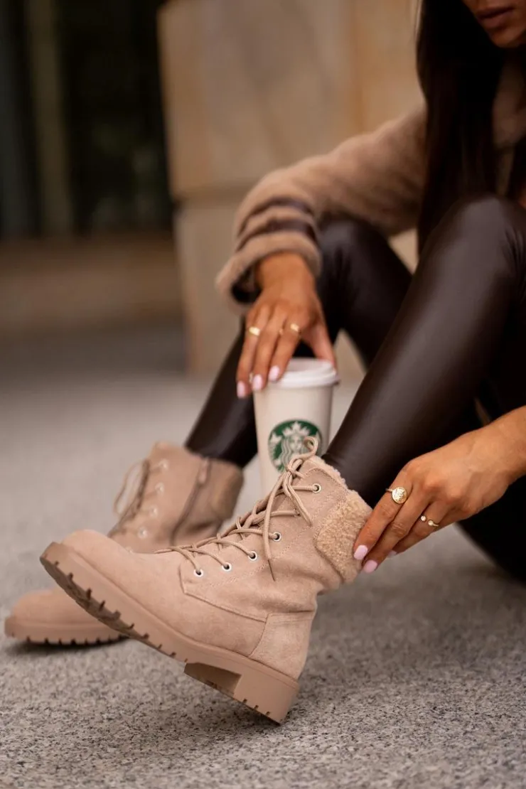 Outlet Boto Damskie Ocieplane Botki Workery Na Zamek Beżowe Mivael Beżowy