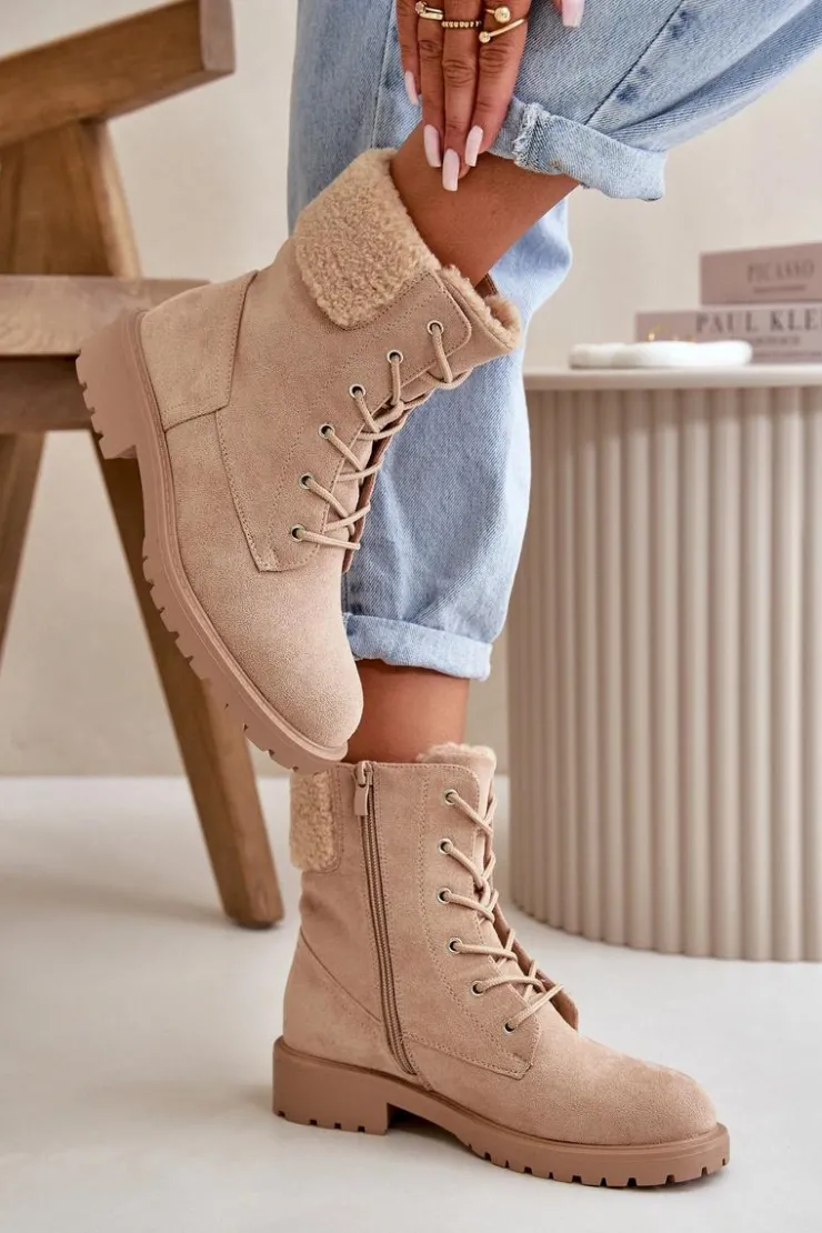 Outlet Boto Damskie Ocieplane Botki Workery Na Zamek Beżowe Mivael Beżowy
