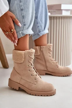 Outlet Boto Damskie Ocieplane Botki Workery Na Zamek Beżowe Mivael Beżowy