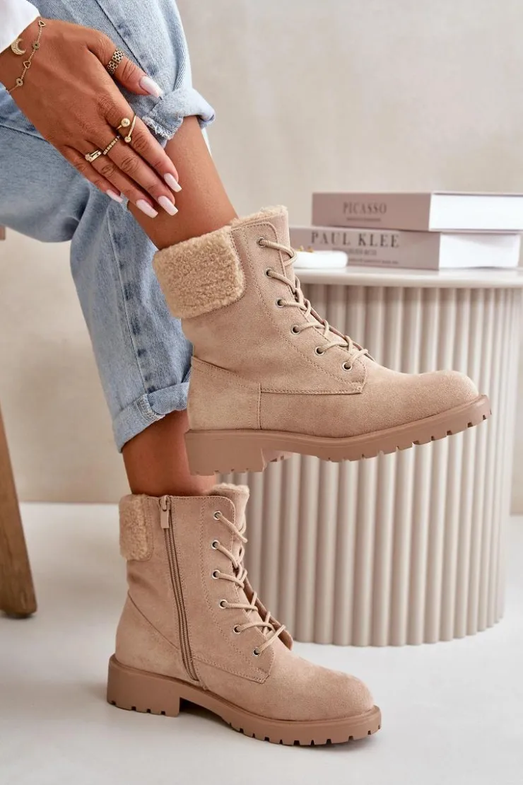 Outlet Boto Damskie Ocieplane Botki Workery Na Zamek Beżowe Mivael Beżowy