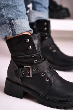 Boto Damskie Trapery|Botki Sznurowane*Damskie Ocieplane Botki Workery Czarne Strong