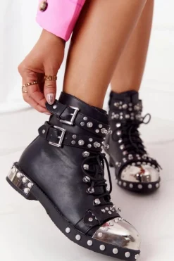 Hot Boto Damskie Ocieplane Botki Workery Z Dżetami Czarne Lu Boo