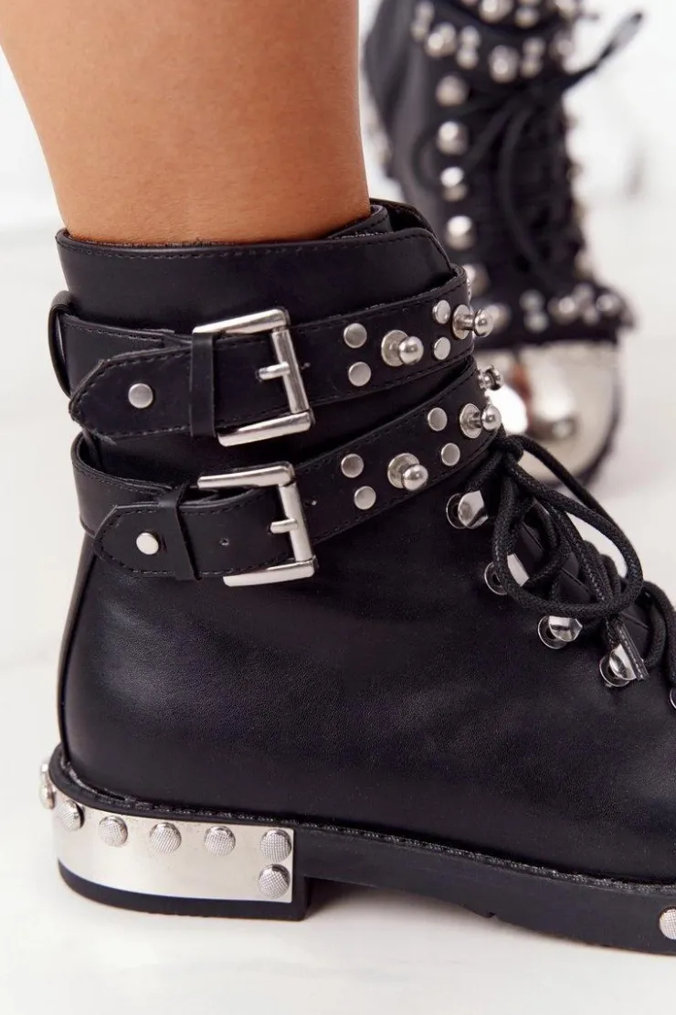 Hot Boto Damskie Ocieplane Botki Workery Z Dżetami Czarne Lu Boo