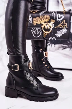 Damskie Boto Damskie Ocieplane Botki Workery Złota Klamra Czarne Vera