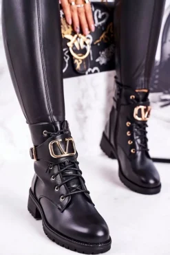 Damskie Boto Damskie Ocieplane Botki Workery Złota Klamra Czarne Vera