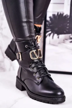 Damskie Boto Damskie Ocieplane Botki Workery Złota Klamra Czarne Vera