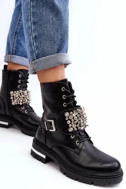 Damskie Boto Damskie Ocieplane Botki Workery Zdobione Czarne Lennen