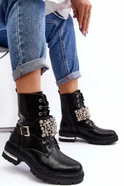 Damskie Boto Damskie Ocieplane Botki Workery Zdobione Czarne Lennen