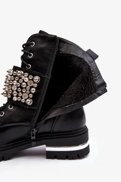 Damskie Boto Damskie Ocieplane Botki Workery Zdobione Czarne Lennen