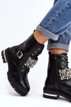 Damskie Boto Damskie Ocieplane Botki Workery Zdobione Czarne Lennen