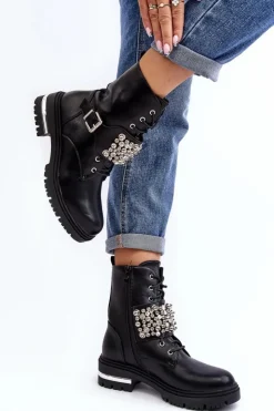 Damskie Boto Damskie Ocieplane Botki Workery Zdobione Czarne Lennen