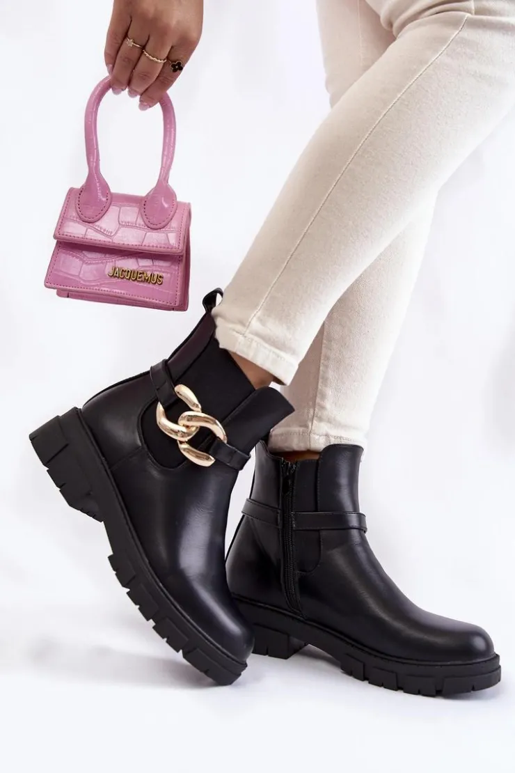 Boto Czarne Botki|Botki Zimowe Damskie*Damskie Ocieplane Botki Workery Z Ozdobą Czarne Ruth