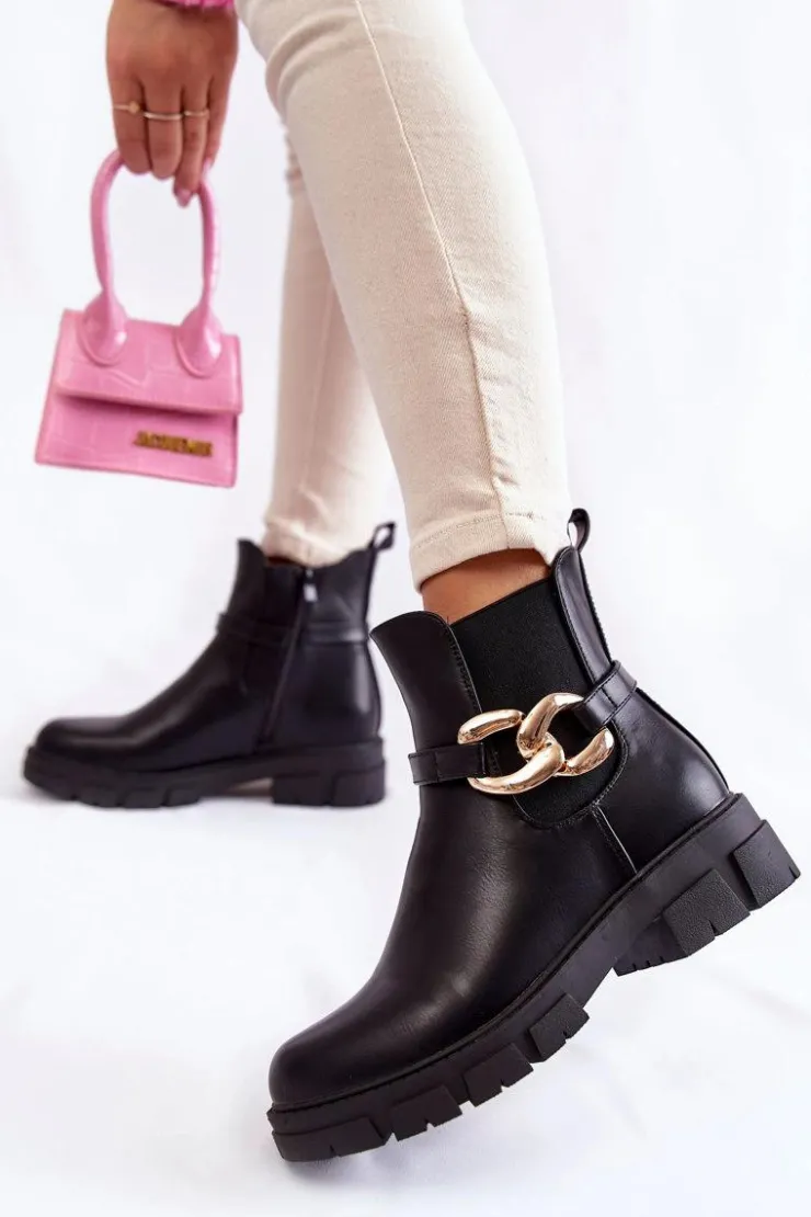 Boto Czarne Botki|Botki Zimowe Damskie*Damskie Ocieplane Botki Workery Z Ozdobą Czarne Ruth