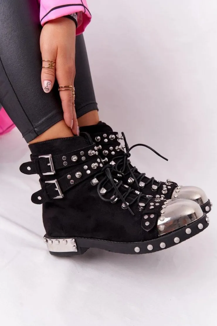 Discount Boto Damskie Ocieplane Botki Workery Z Dżetami Zamszowe Czarne Lu Boo