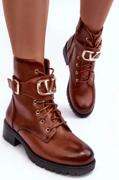 Damskie Boto Damskie Ocieplane Botki Workery Złota Klamra Brązowe Vera