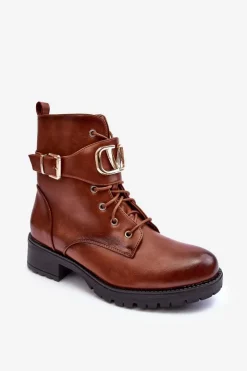 Damskie Boto Damskie Ocieplane Botki Workery Złota Klamra Brązowe Vera