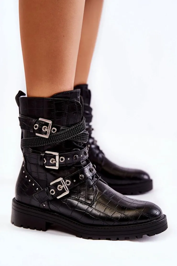 Boto Botki Sznurowane|Czarne Botki*Damskie Ocieplane Botki Z Paskami Wężowe Czarne Lamberta