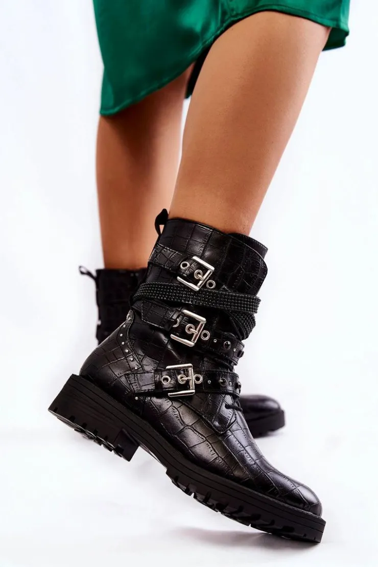 Boto Botki Sznurowane|Czarne Botki*Damskie Ocieplane Botki Z Paskami Wężowe Czarne Lamberta