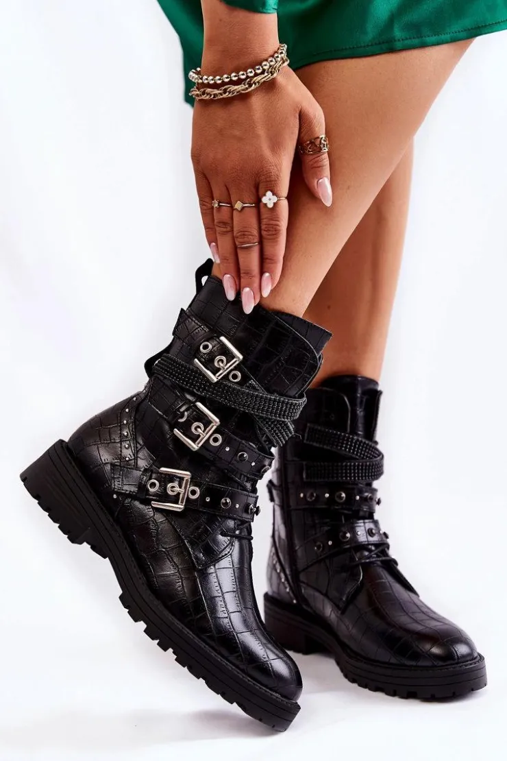 Boto Botki Sznurowane|Czarne Botki*Damskie Ocieplane Botki Z Paskami Wężowe Czarne Lamberta